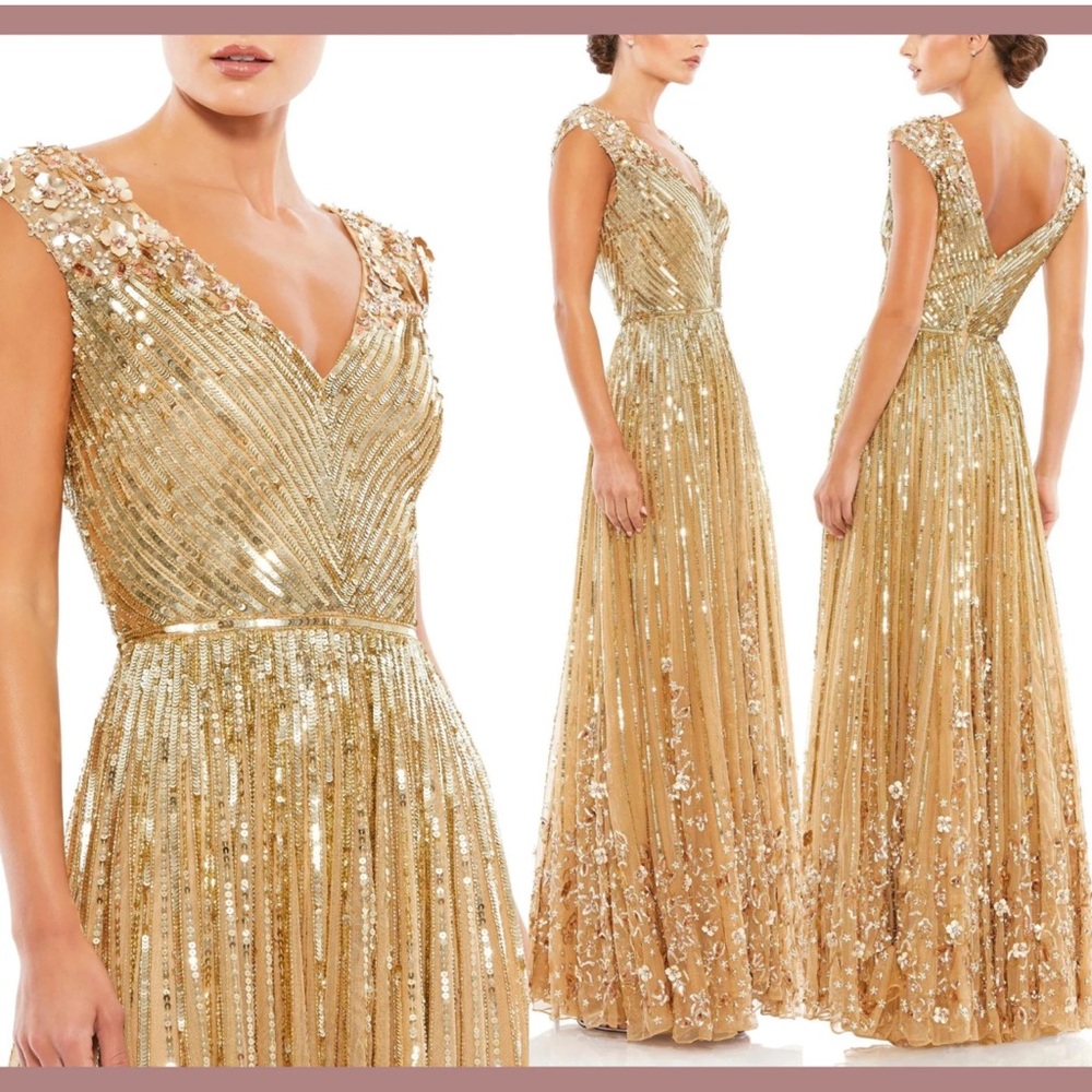 Mac Duggal Gold Sequin Floral Gown